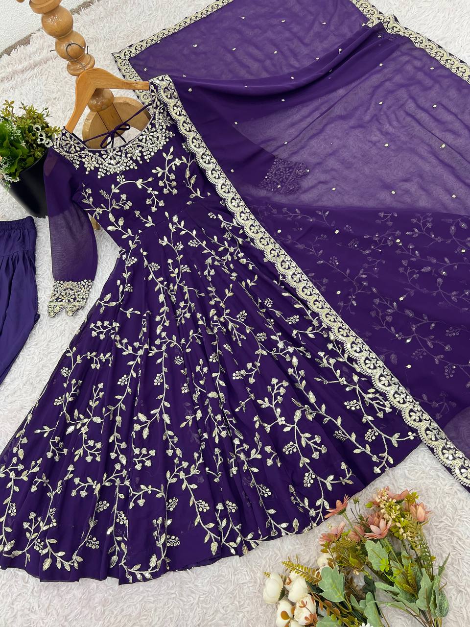 Maroon Faux Georgette Embroidered Anarkali Gown with Churidar and Dupatta