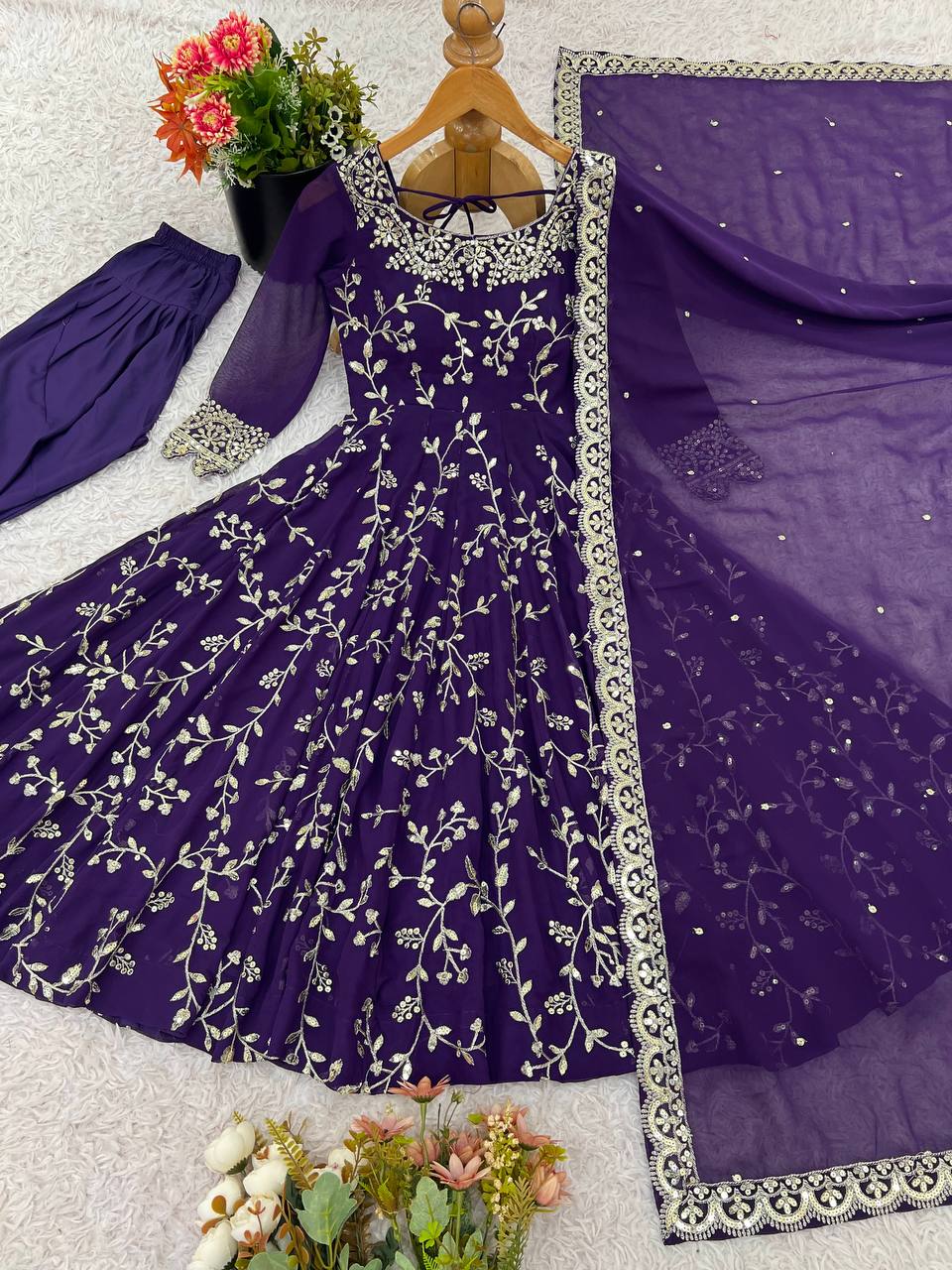 Maroon Faux Georgette Embroidered Anarkali Gown with Churidar and Dupatta