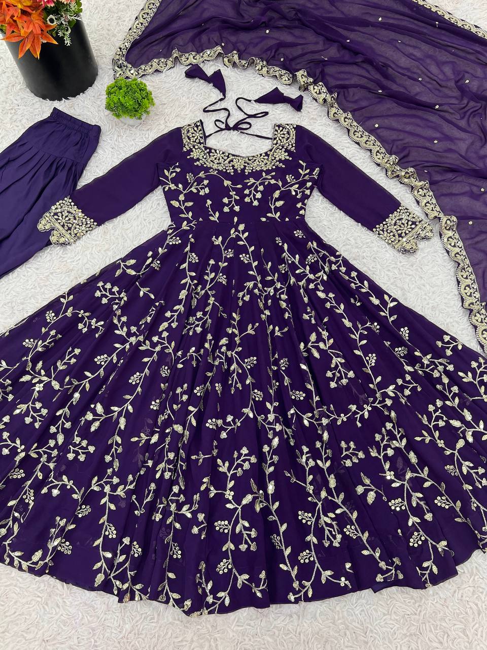 Maroon Faux Georgette Embroidered Anarkali Gown with Churidar and Dupatta