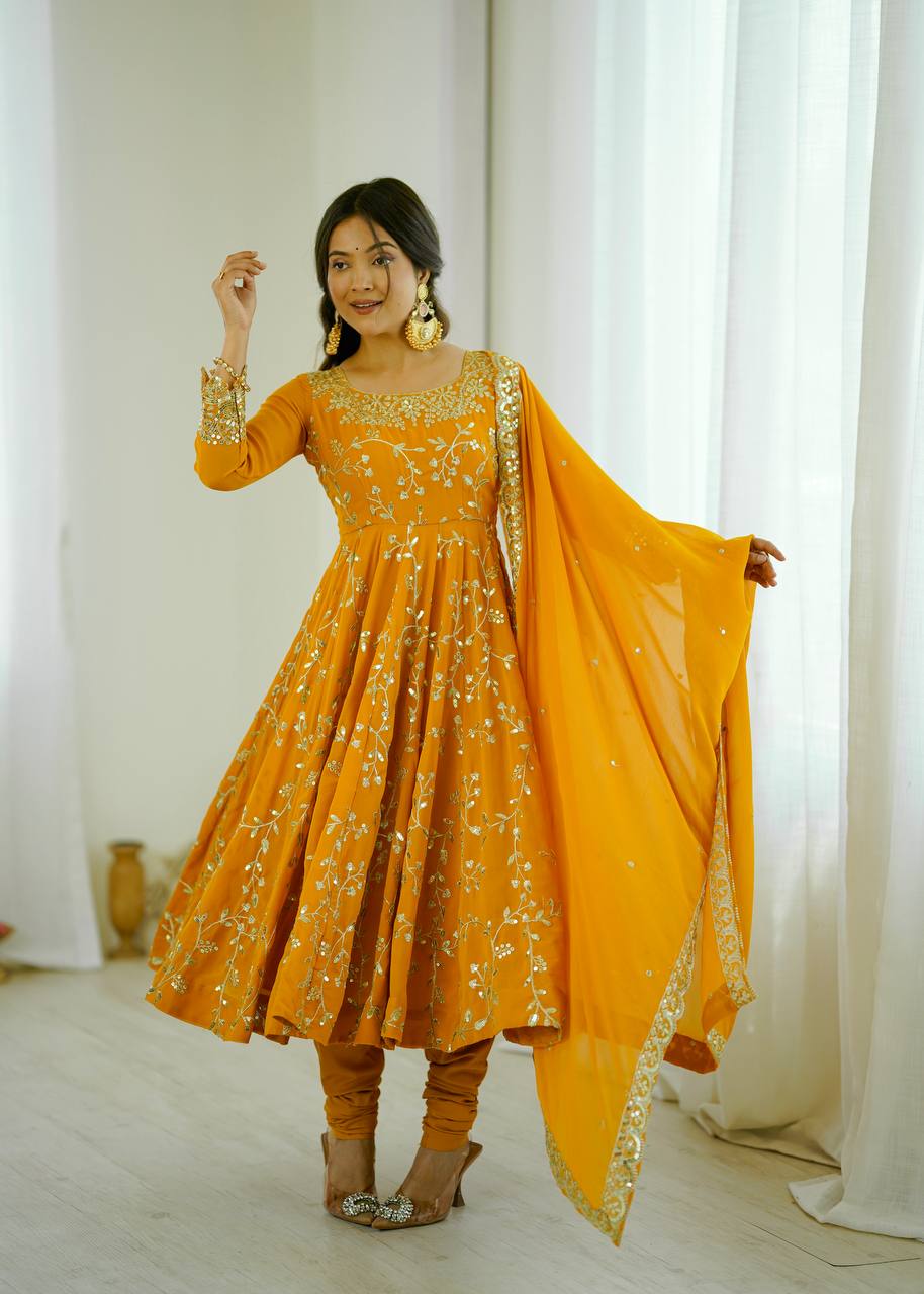 Maroon Faux Georgette Embroidered Anarkali Gown with Churidar and Dupatta