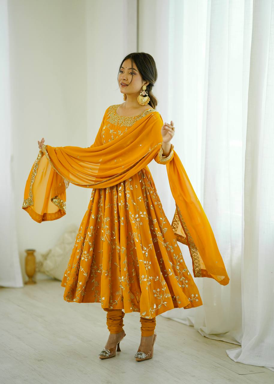 Maroon Faux Georgette Embroidered Anarkali Gown with Churidar and Dupatta