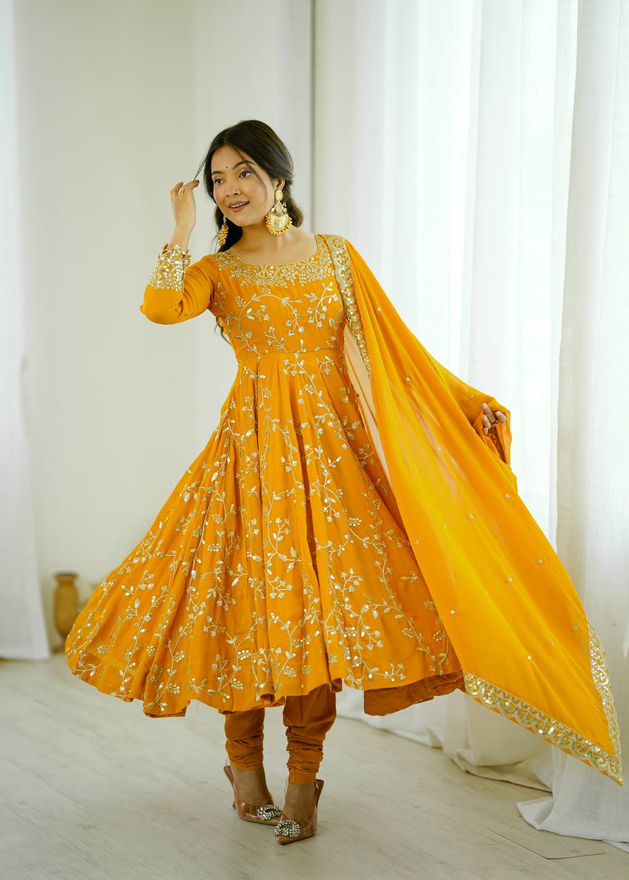 Maroon Faux Georgette Embroidered Anarkali Gown with Churidar and Dupatta