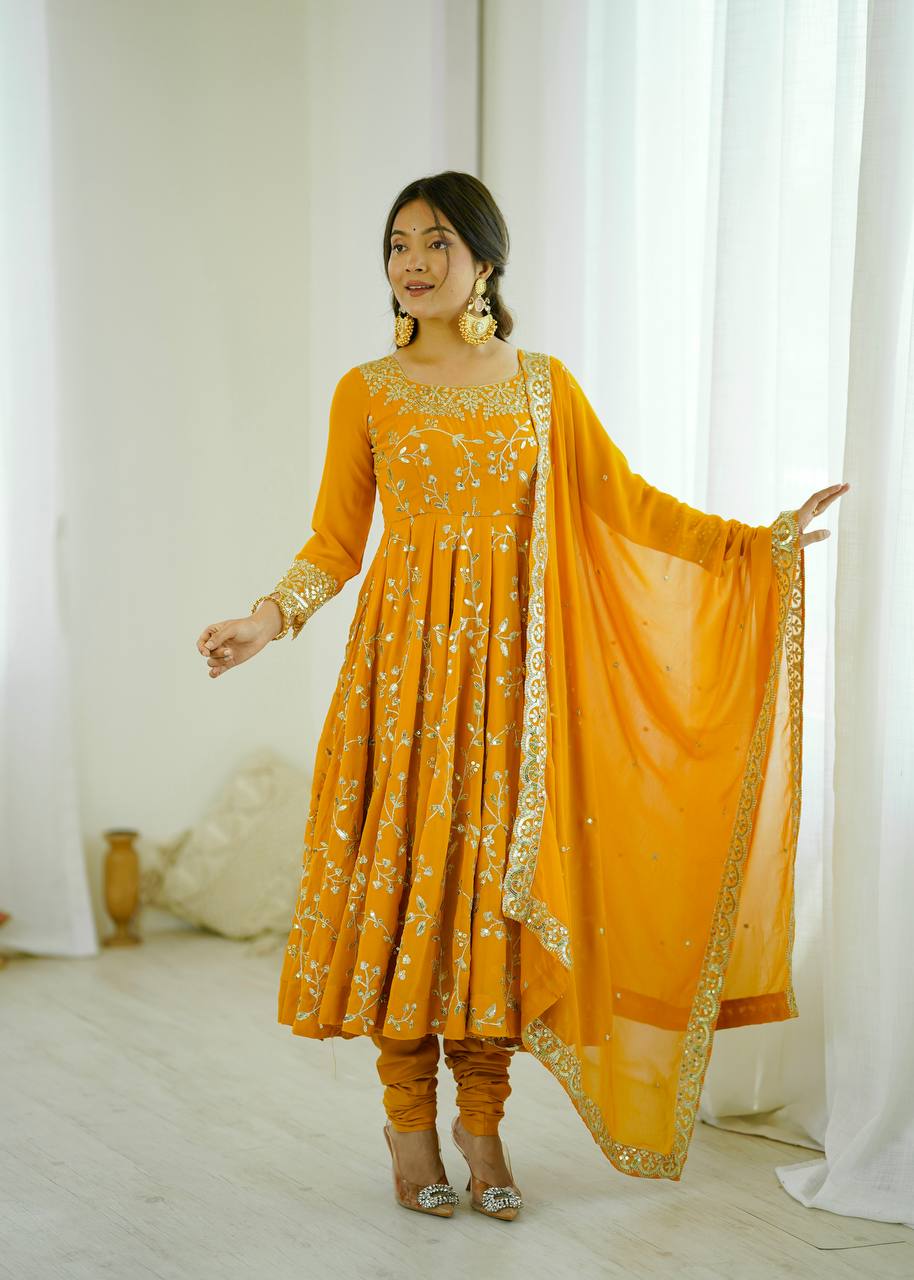 Maroon Faux Georgette Embroidered Anarkali Gown with Churidar and Dupatta