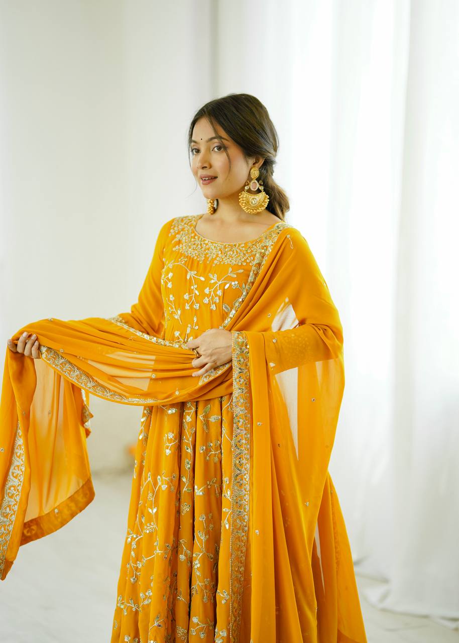 Maroon Faux Georgette Embroidered Anarkali Gown with Churidar and Dupatta