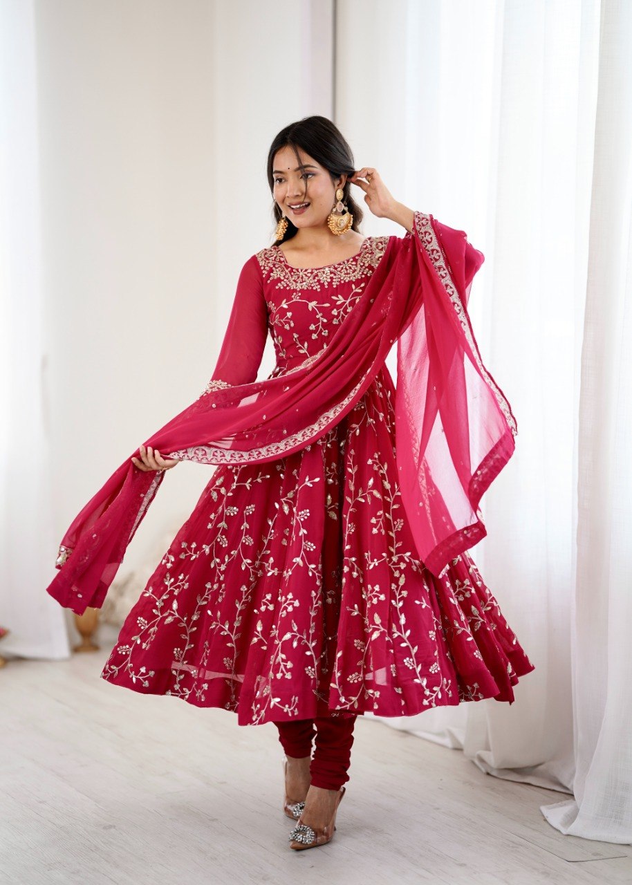 Maroon Faux Georgette Embroidered Anarkali Gown with Churidar and Dupatta