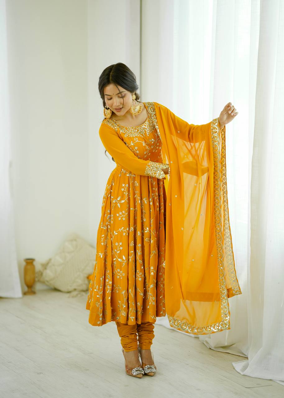 Maroon Faux Georgette Embroidered Anarkali Gown with Churidar and Dupatta