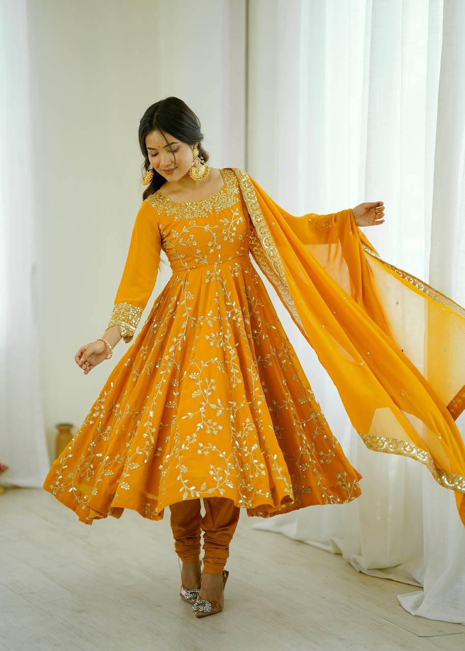 Maroon Faux Georgette Embroidered Anarkali Gown with Churidar and Dupatta