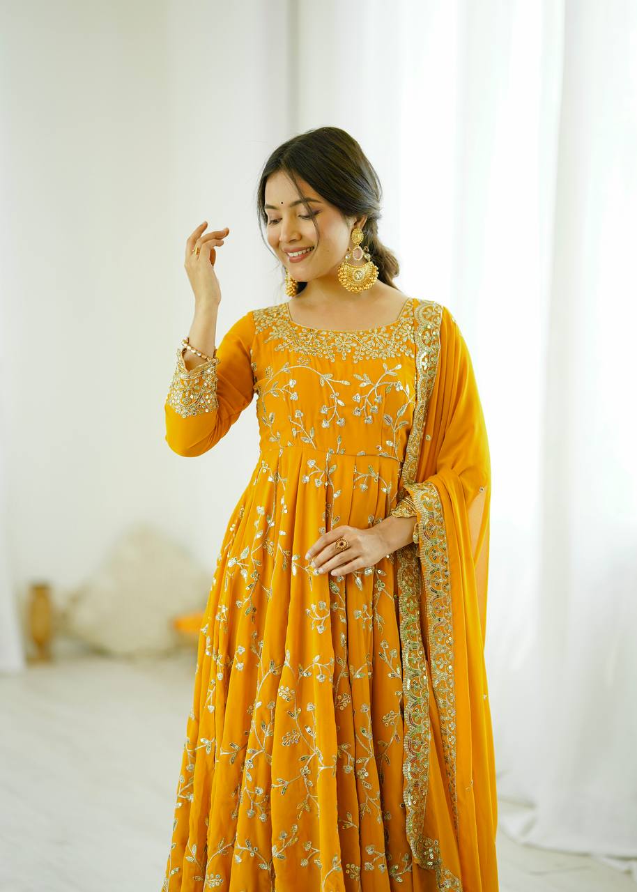 Maroon Faux Georgette Embroidered Anarkali Gown with Churidar and Dupatta