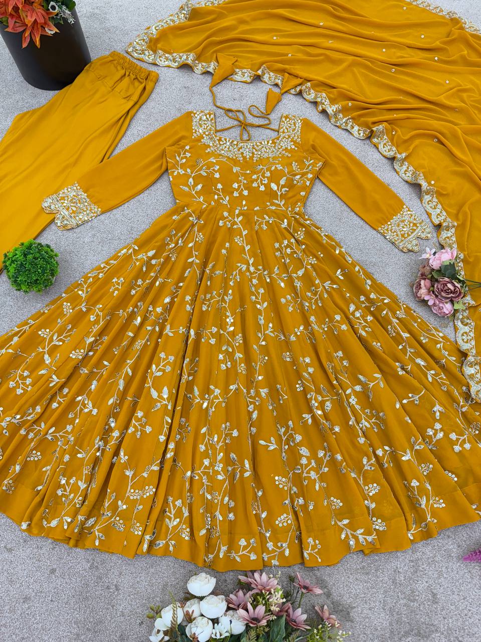 Maroon Faux Georgette Embroidered Anarkali Gown with Churidar and Dupatta