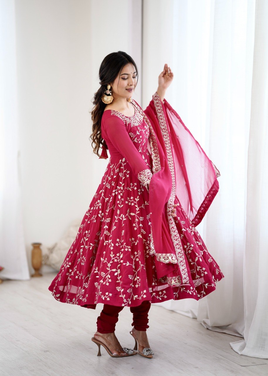 Maroon Faux Georgette Embroidered Anarkali Gown with Churidar and Dupatta