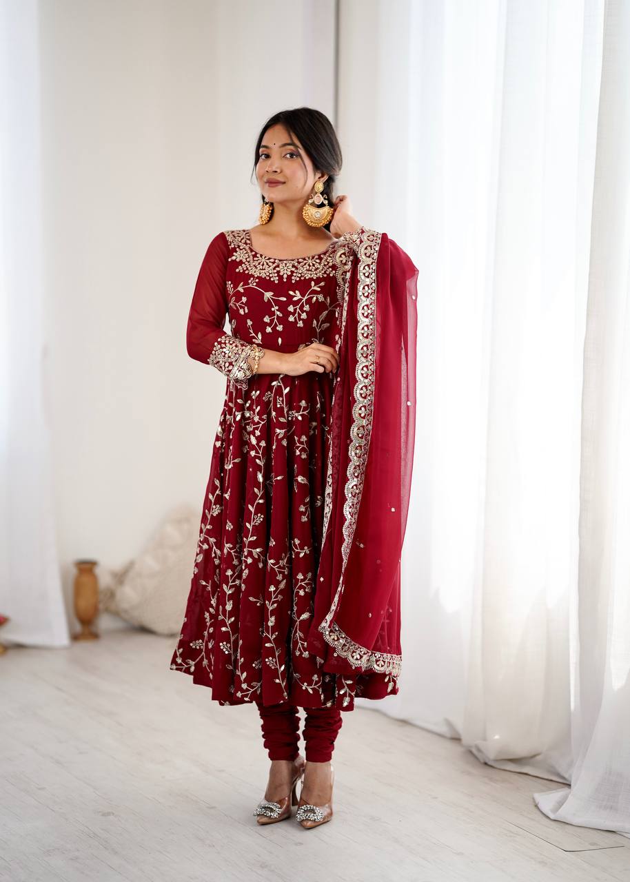 Maroon Faux Georgette Embroidered Anarkali Gown with Churidar and Dupatta