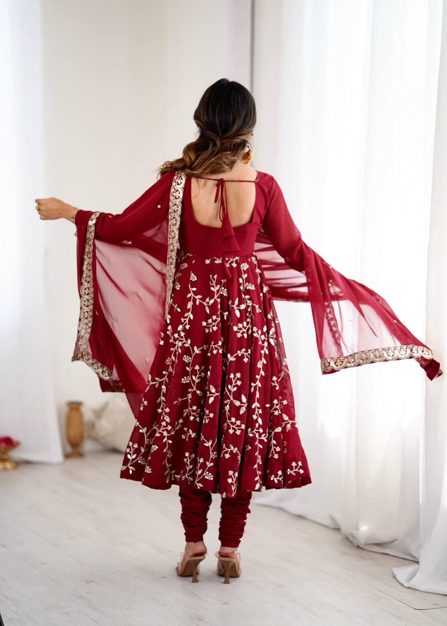 Maroon Faux Georgette Embroidered Anarkali Gown with Churidar and Dupatta