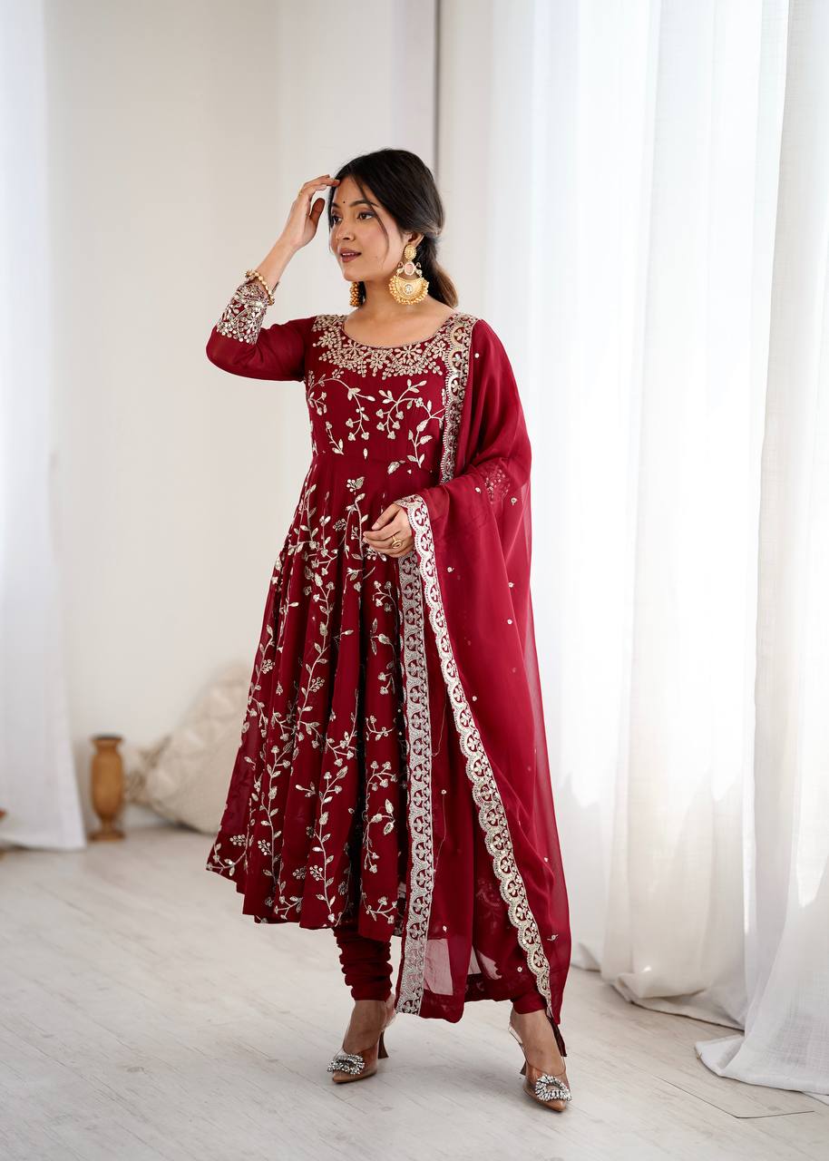 Maroon Faux Georgette Embroidered Anarkali Gown with Churidar and Dupatta