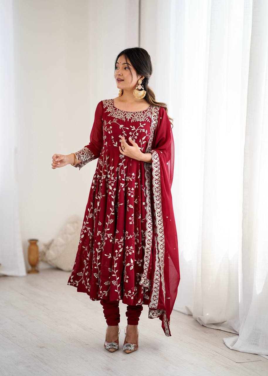 Maroon Faux Georgette Embroidered Anarkali Gown with Churidar and Dupatta