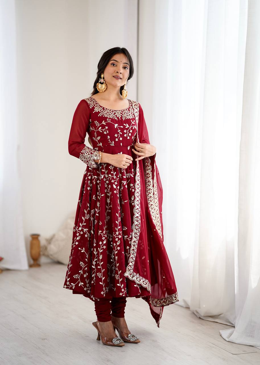 Maroon Faux Georgette Embroidered Anarkali Gown with Churidar and Dupatta