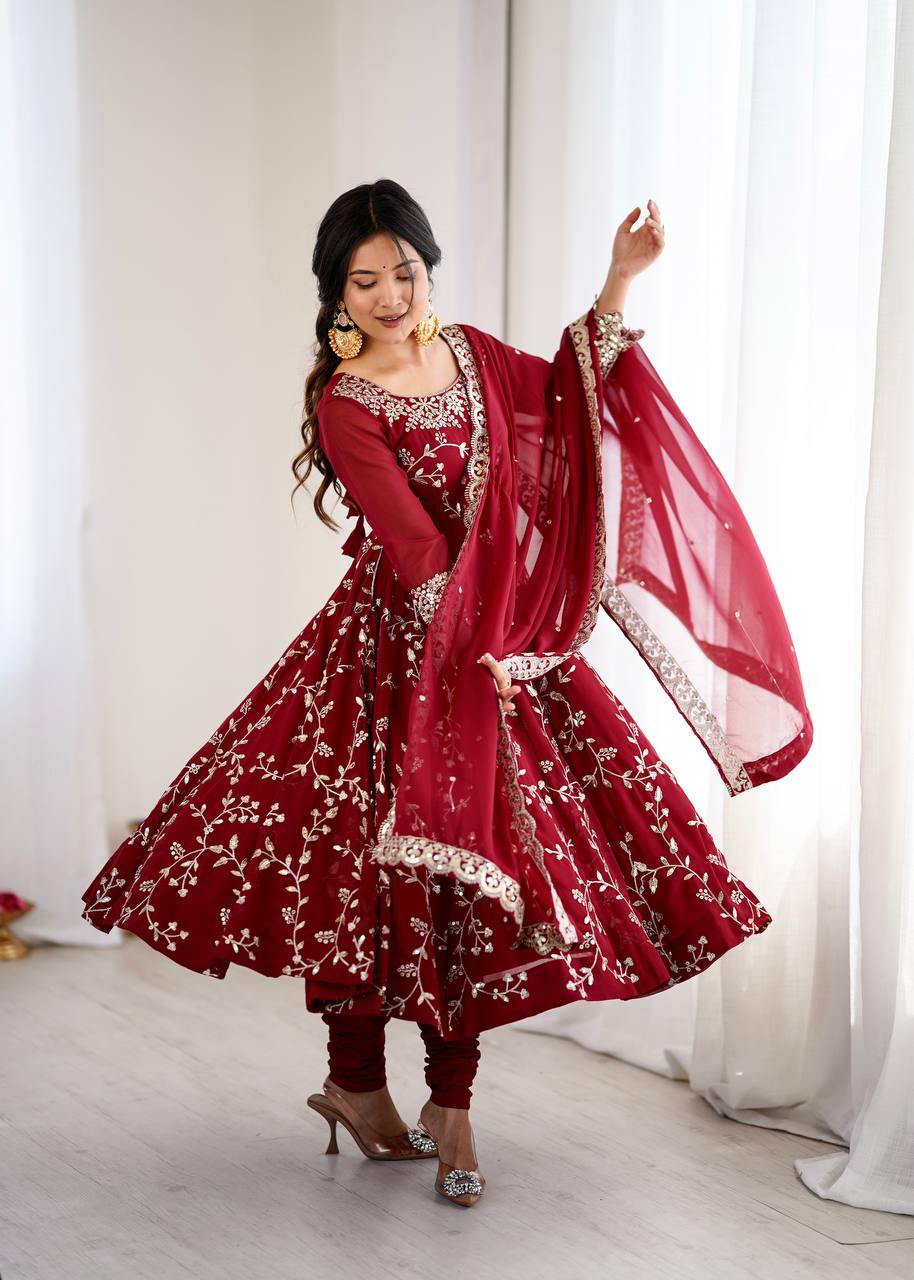 Maroon Faux Georgette Embroidered Anarkali Gown with Churidar and Dupatta