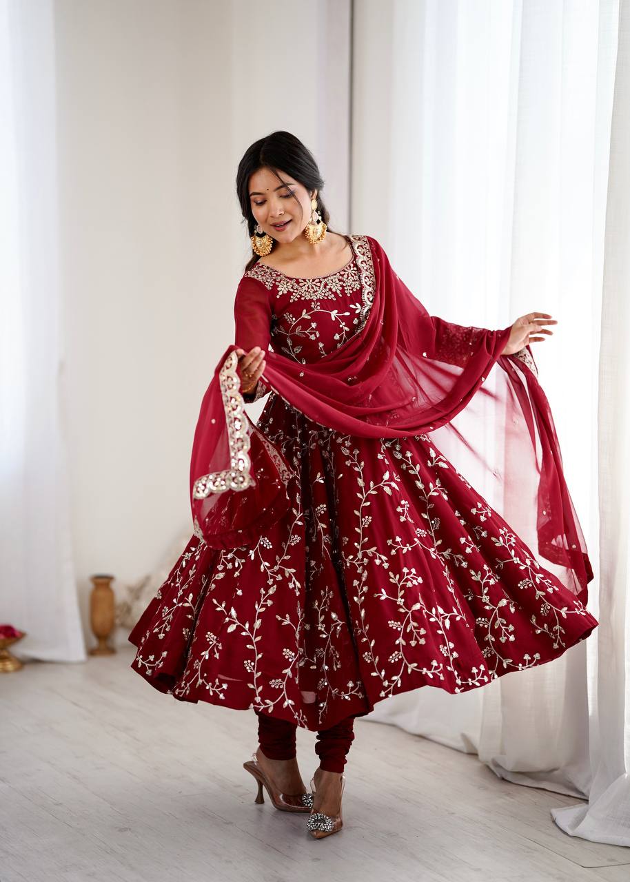 Maroon Faux Georgette Embroidered Anarkali Gown with Churidar and Dupatta