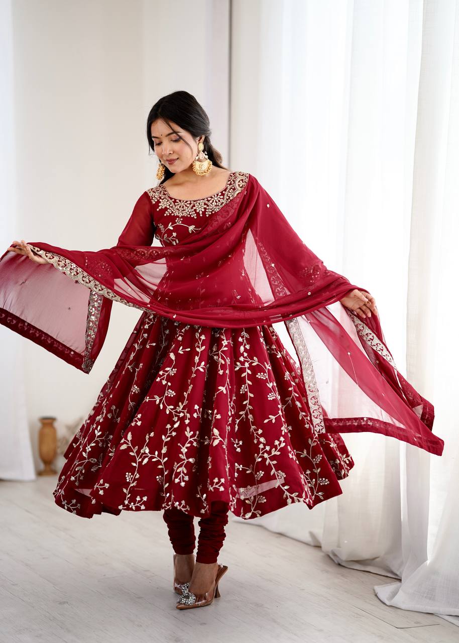 Maroon Faux Georgette Embroidered Anarkali Gown with Churidar and Dupatta