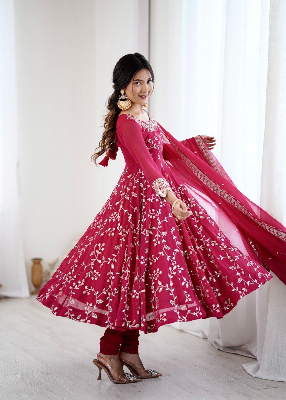 Maroon Faux Georgette Embroidered Anarkali Gown with Churidar and Dupatta