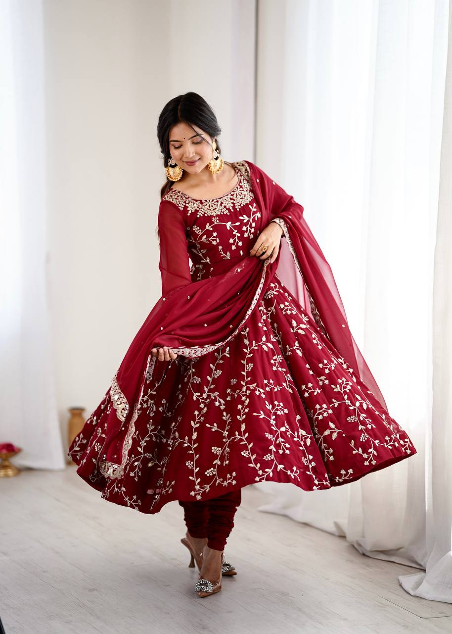 Maroon Faux Georgette Embroidered Anarkali Gown with Churidar and Dupatta