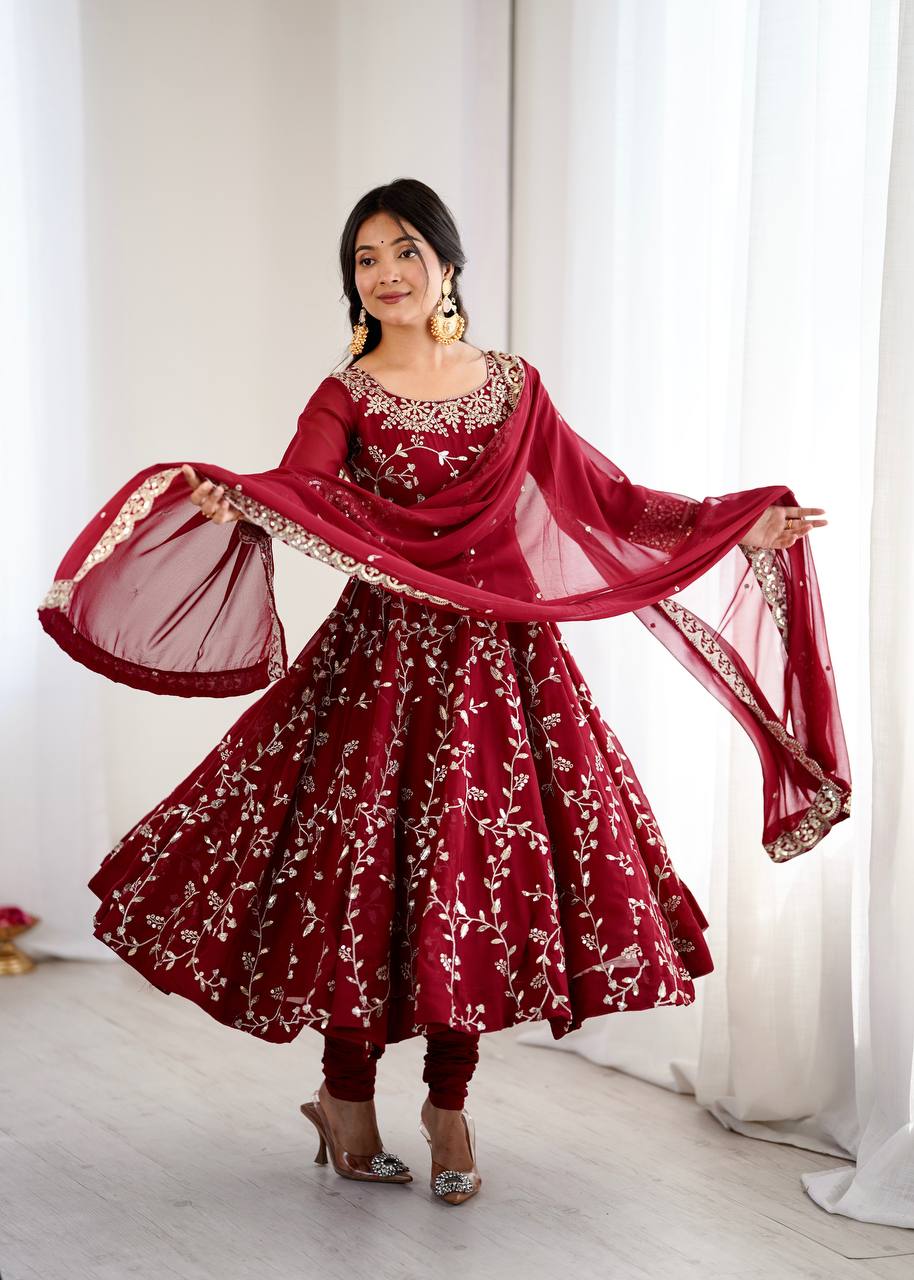 Maroon Faux Georgette Embroidered Anarkali Gown with Churidar and Dupatta