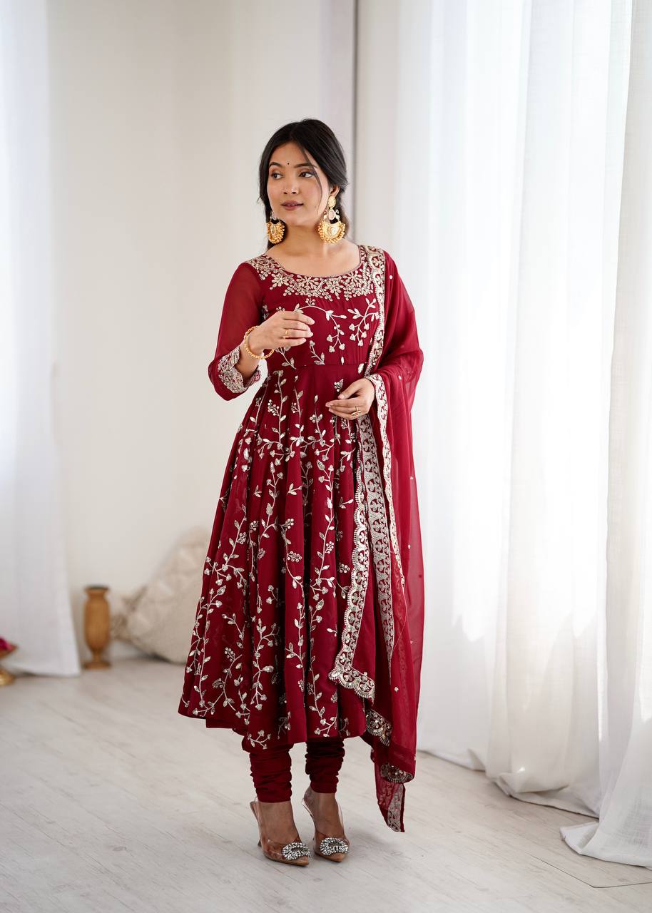 Maroon Faux Georgette Embroidered Anarkali Gown with Churidar and Dupatta