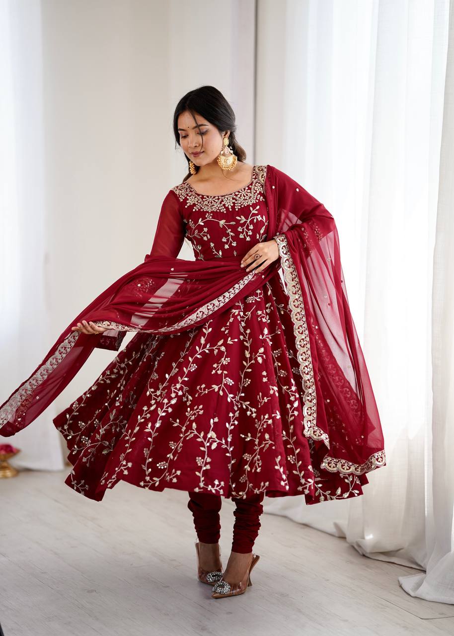 Maroon Faux Georgette Embroidered Anarkali Gown with Churidar and Dupatta