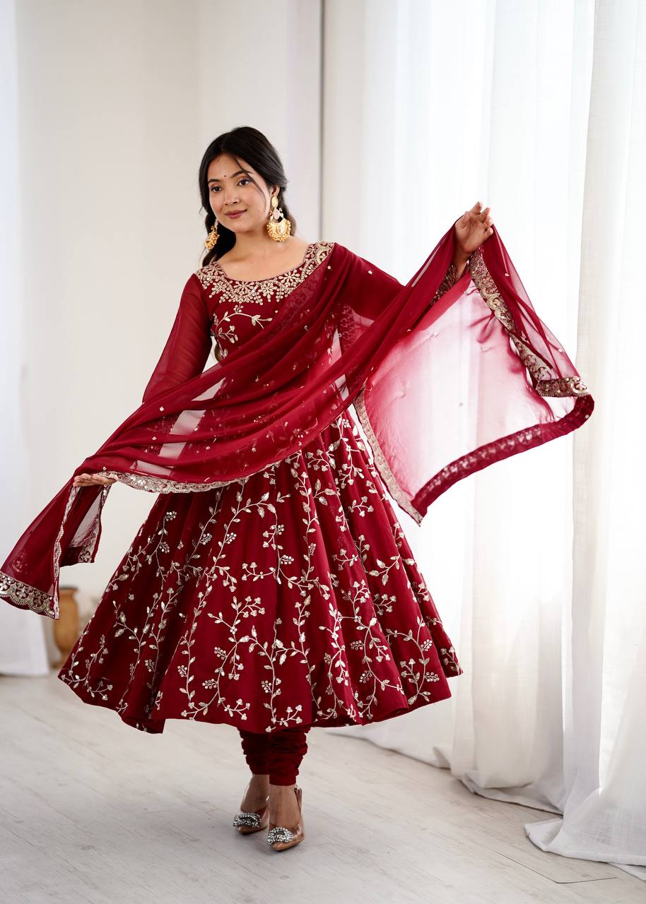 Maroon Faux Georgette Embroidered Anarkali Gown with Churidar and Dupatta