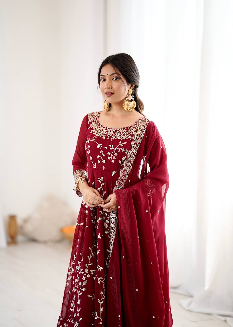 Maroon Faux Georgette Embroidered Anarkali Gown with Churidar and Dupatta