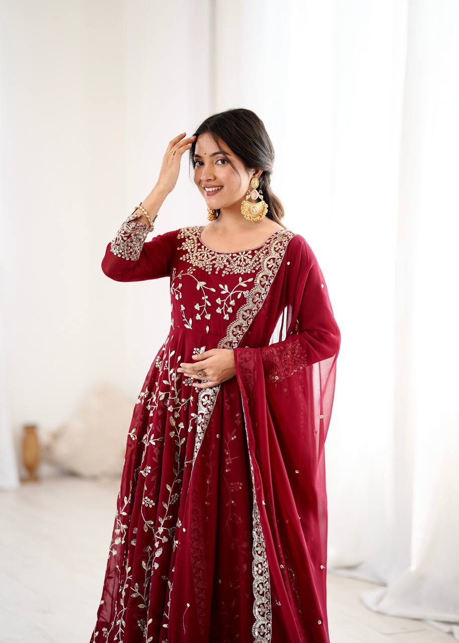 Maroon Faux Georgette Embroidered Anarkali Gown with Churidar and Dupatta
