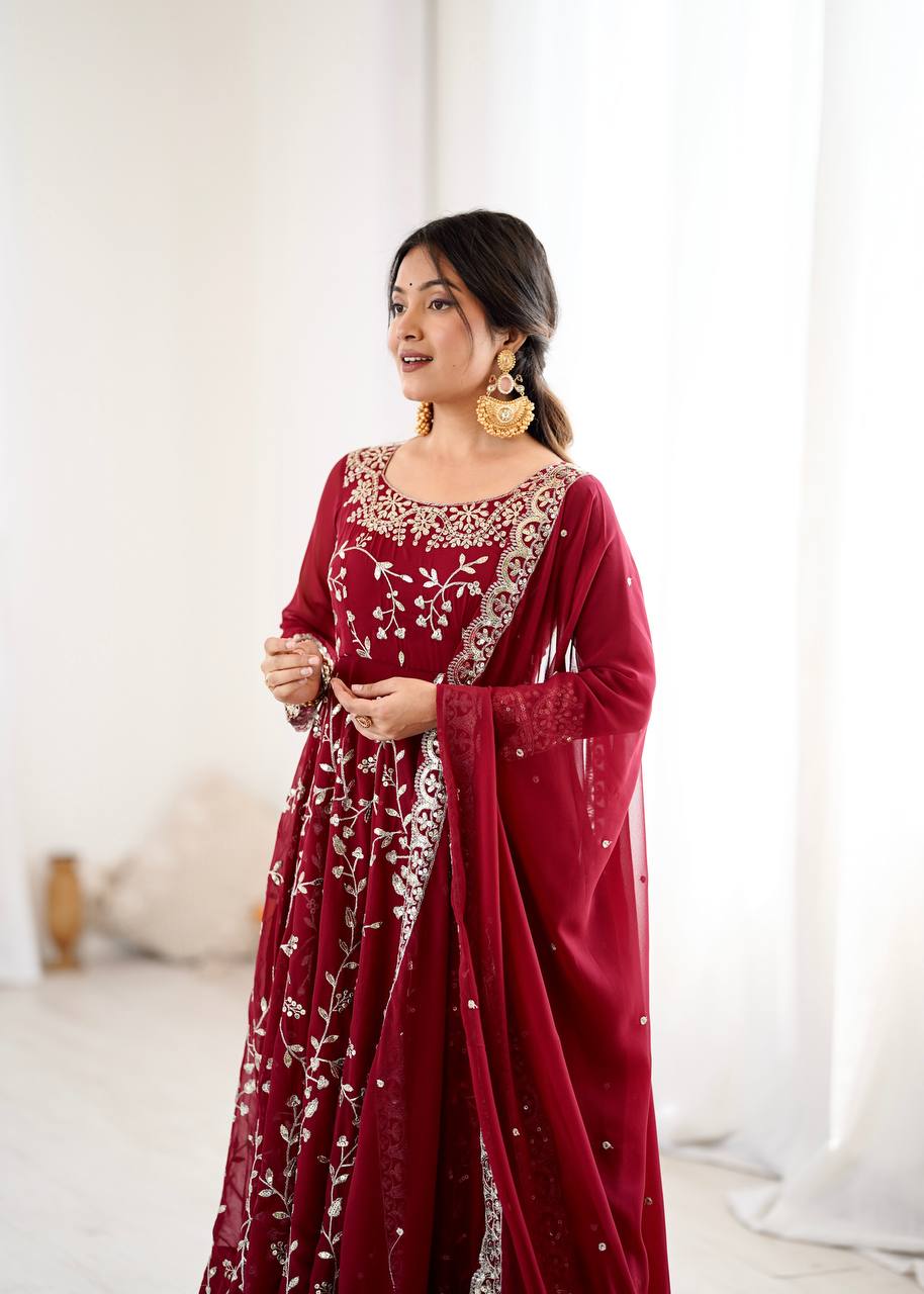 Maroon Faux Georgette Embroidered Anarkali Gown with Churidar and Dupatta