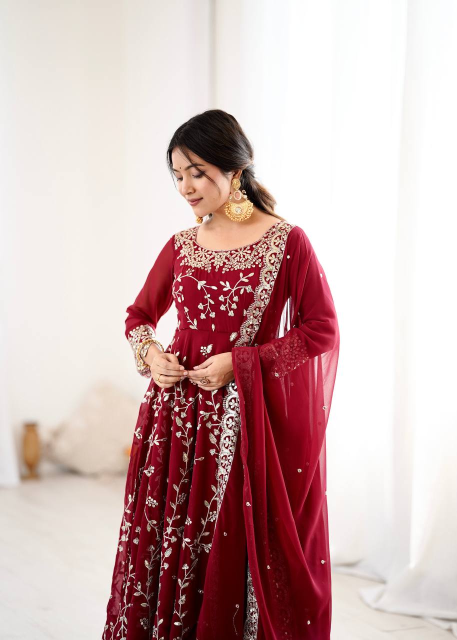 Maroon Faux Georgette Embroidered Anarkali Gown with Churidar and Dupatta