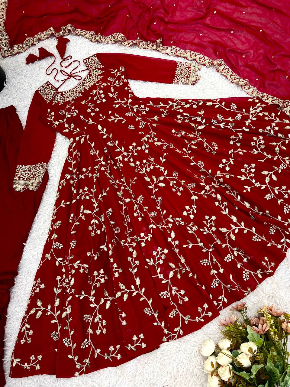 Maroon Faux Georgette Embroidered Anarkali Gown with Churidar and Dupatta