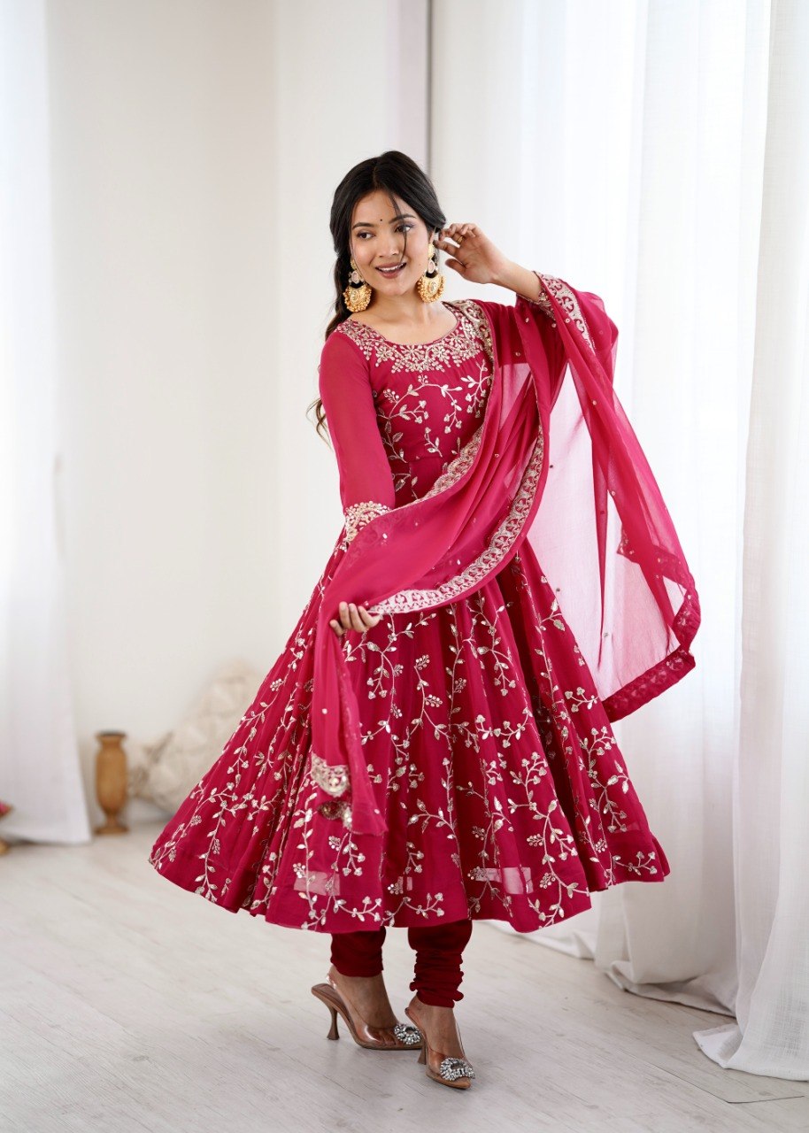 Maroon Faux Georgette Embroidered Anarkali Gown with Churidar and Dupatta