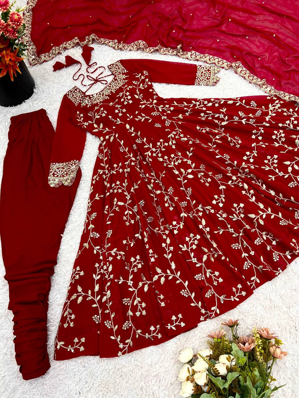 Maroon Faux Georgette Embroidered Anarkali Gown with Churidar and Dupatta