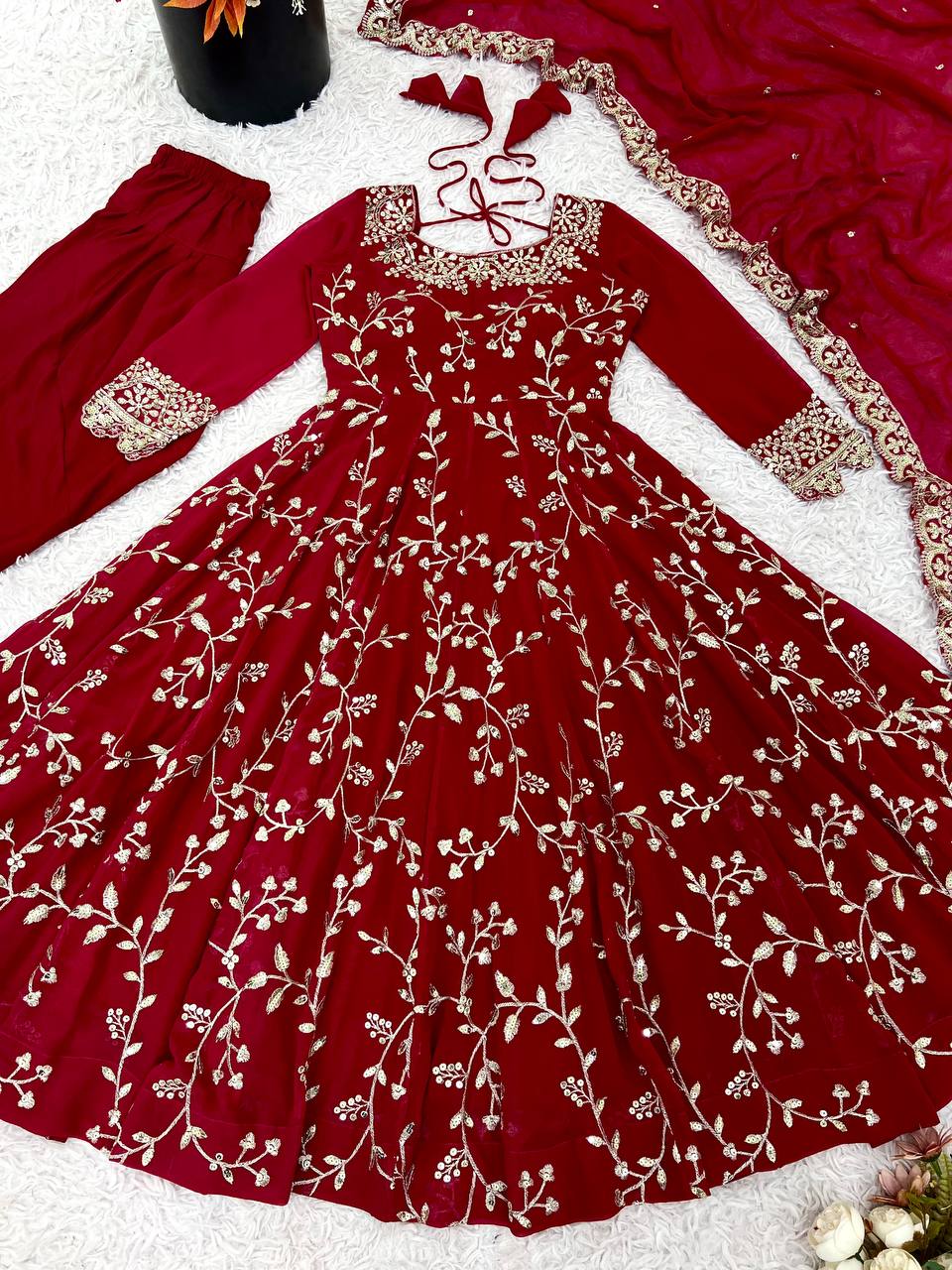 Maroon Faux Georgette Embroidered Anarkali Gown with Churidar and Dupatta