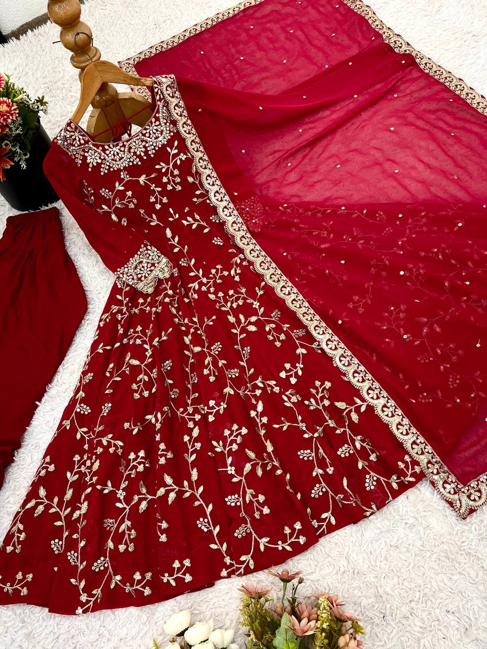 Maroon Faux Georgette Embroidered Anarkali Gown with Churidar and Dupatta