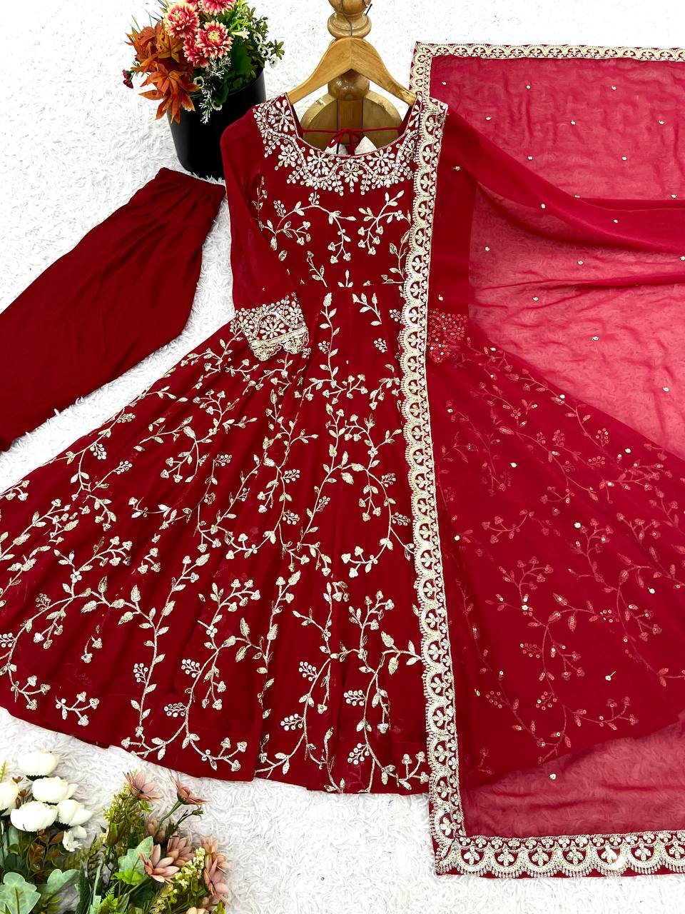 Maroon Faux Georgette Embroidered Anarkali Gown with Churidar and Dupatta
