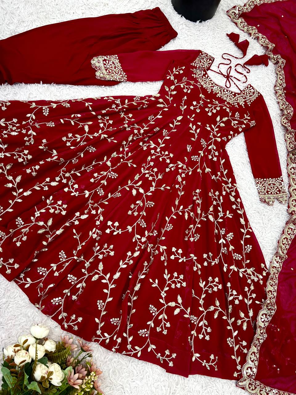 Maroon Faux Georgette Embroidered Anarkali Gown with Churidar and Dupatta