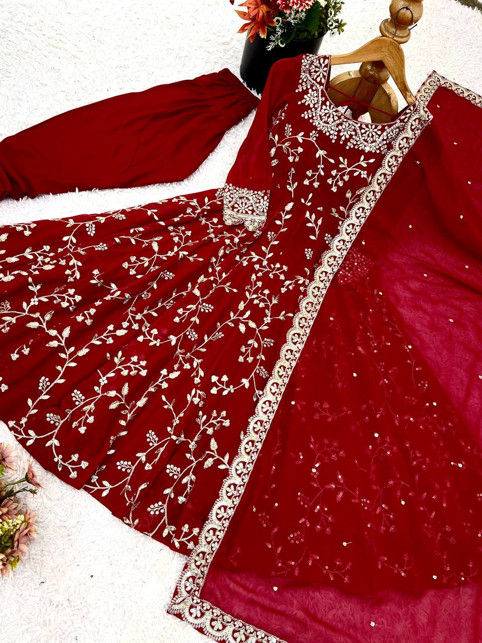 Maroon Faux Georgette Embroidered Anarkali Gown with Churidar and Dupatta