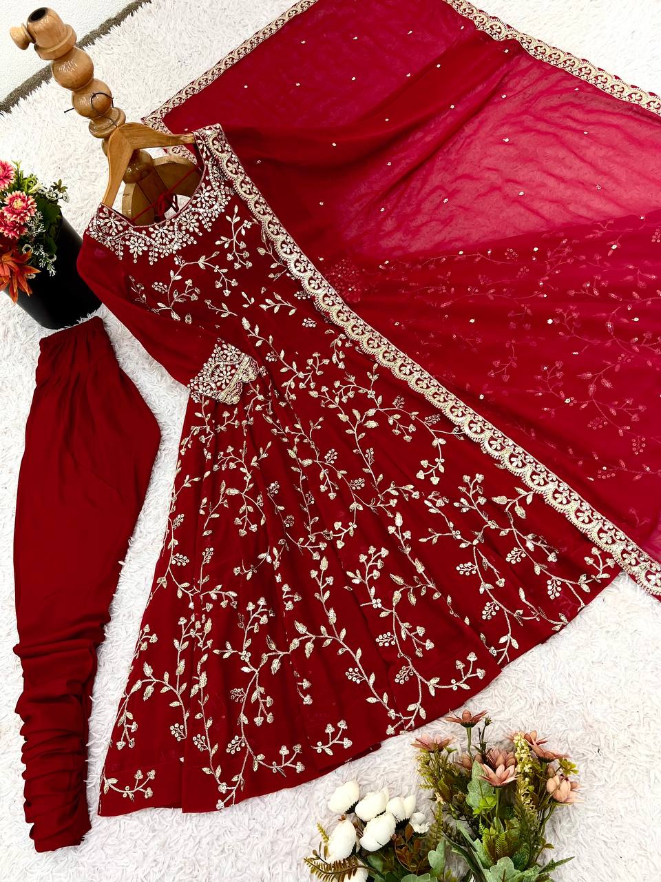 Maroon Faux Georgette Embroidered Anarkali Gown with Churidar and Dupatta