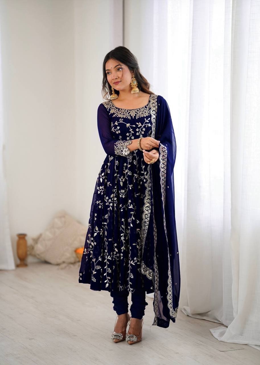 Maroon Faux Georgette Embroidered Anarkali Gown with Churidar and Dupatta