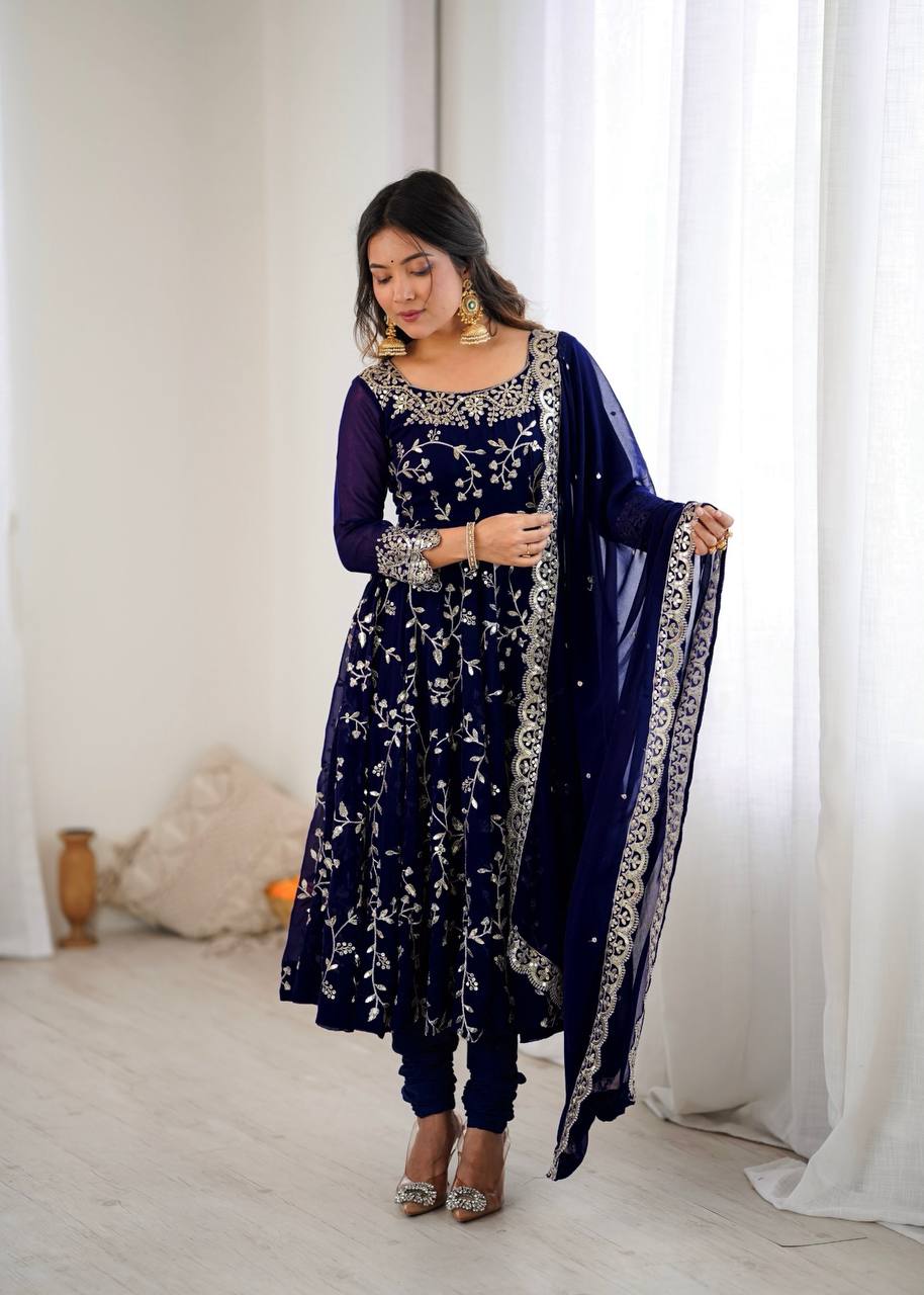Maroon Faux Georgette Embroidered Anarkali Gown with Churidar and Dupatta