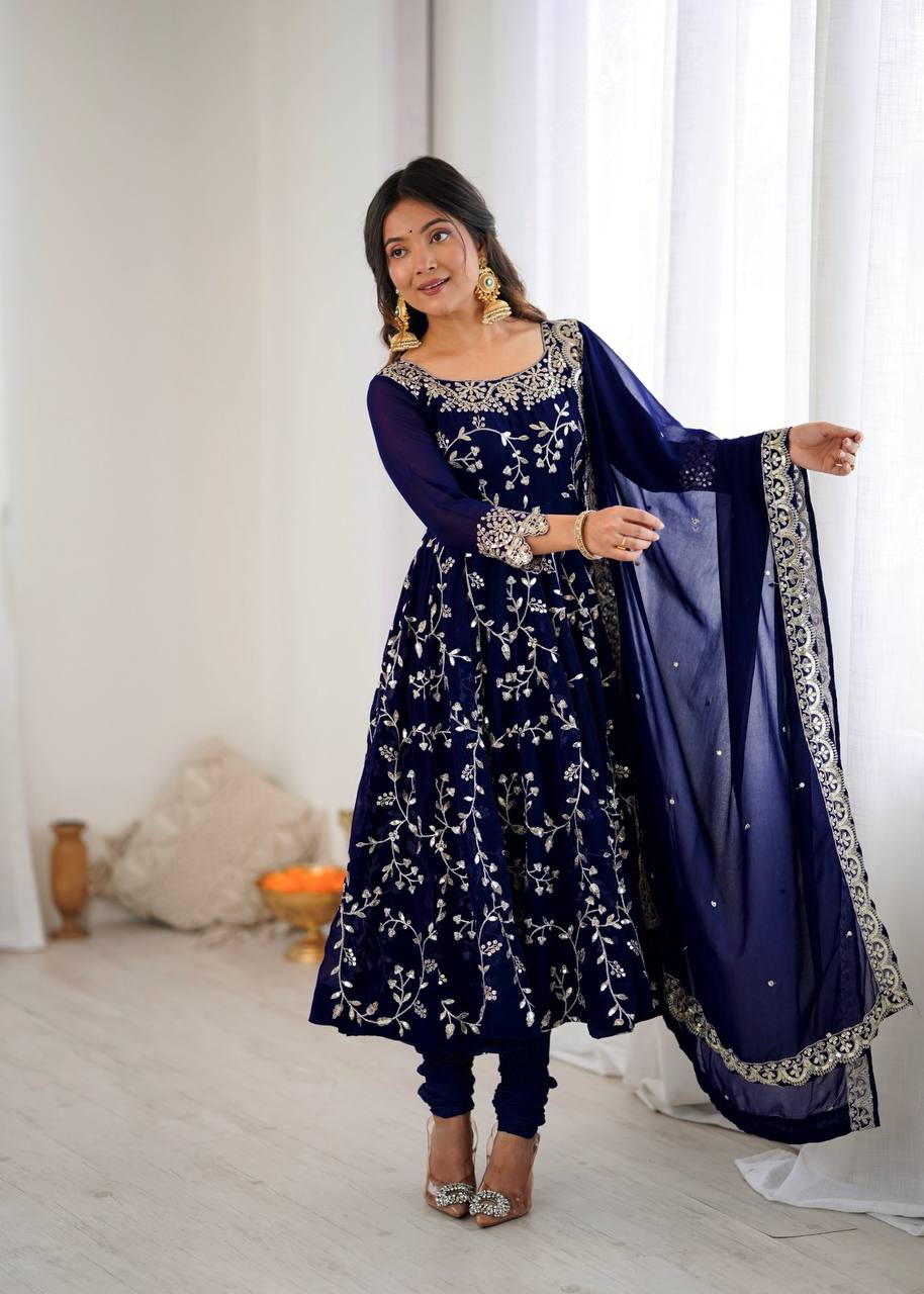 Maroon Faux Georgette Embroidered Anarkali Gown with Churidar and Dupatta