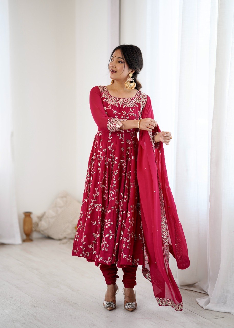 Maroon Faux Georgette Embroidered Anarkali Gown with Churidar and Dupatta