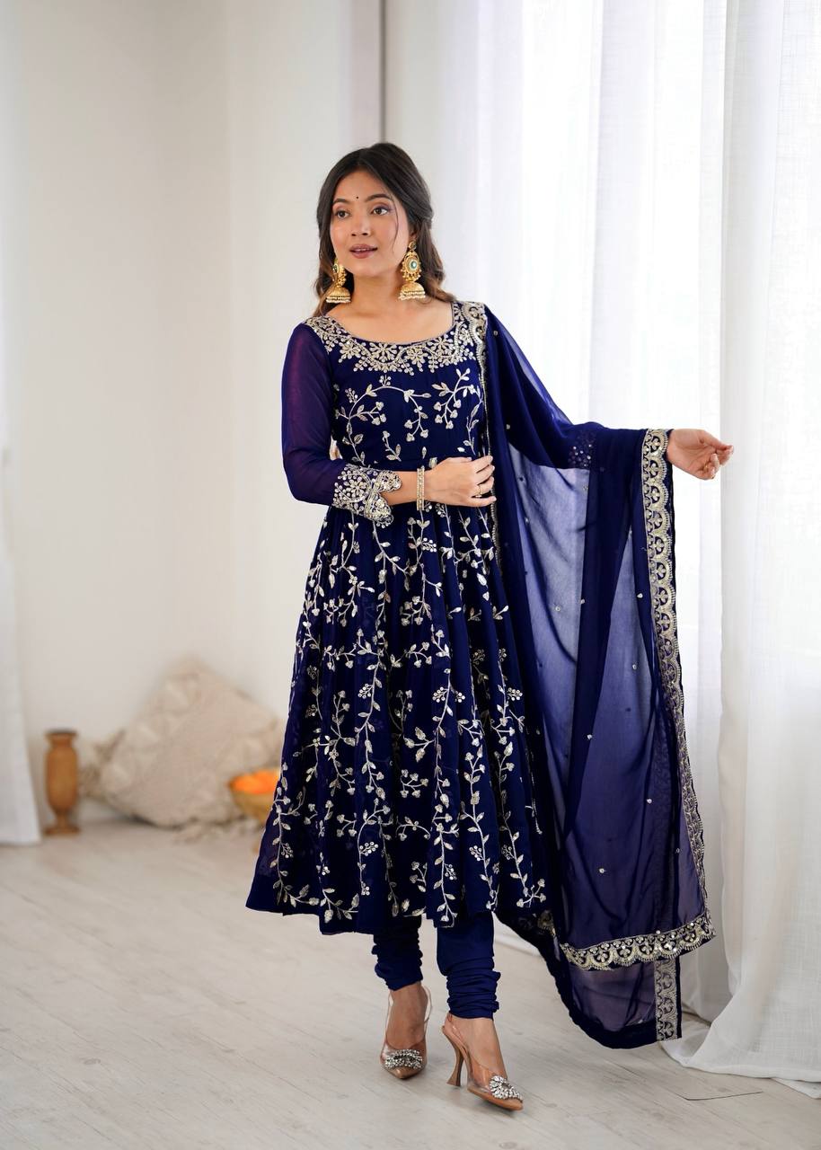 Maroon Faux Georgette Embroidered Anarkali Gown with Churidar and Dupatta