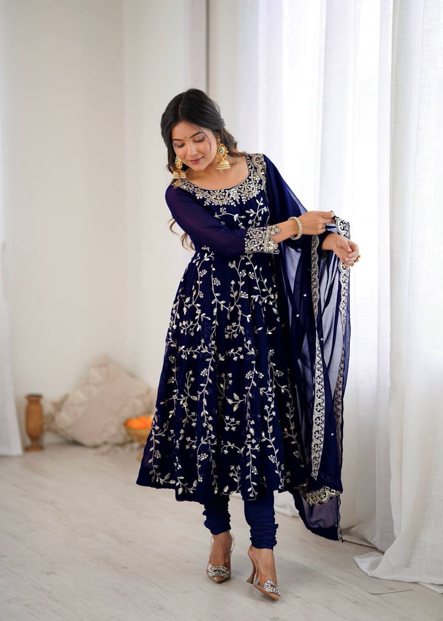 Maroon Faux Georgette Embroidered Anarkali Gown with Churidar and Dupatta