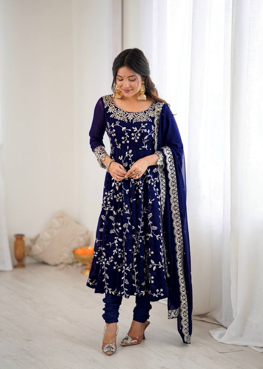 Maroon Faux Georgette Embroidered Anarkali Gown with Churidar and Dupatta