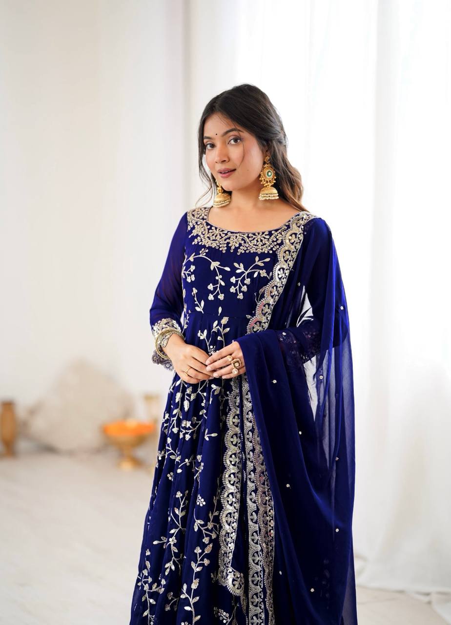 Maroon Faux Georgette Embroidered Anarkali Gown with Churidar and Dupatta