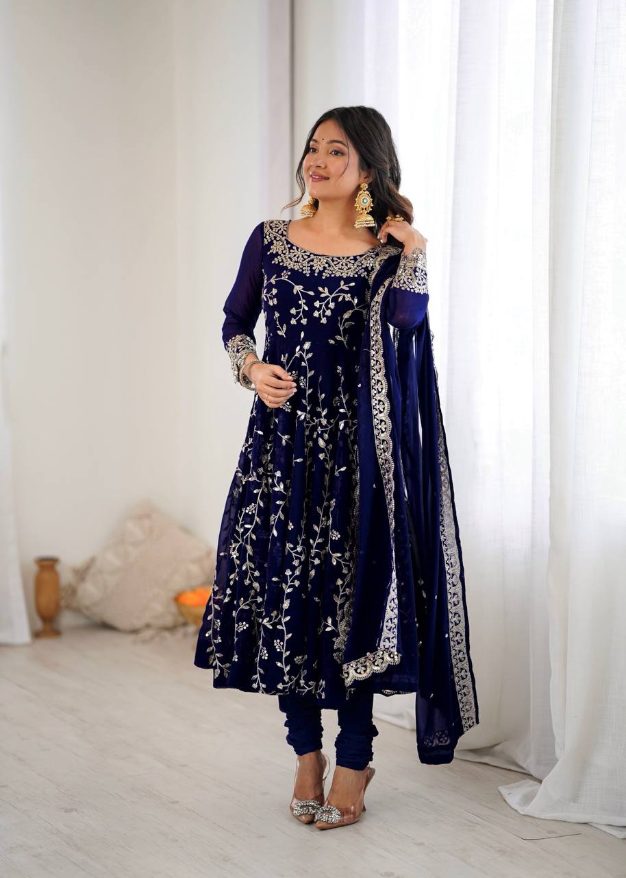 Maroon Faux Georgette Embroidered Anarkali Gown with Churidar and Dupatta